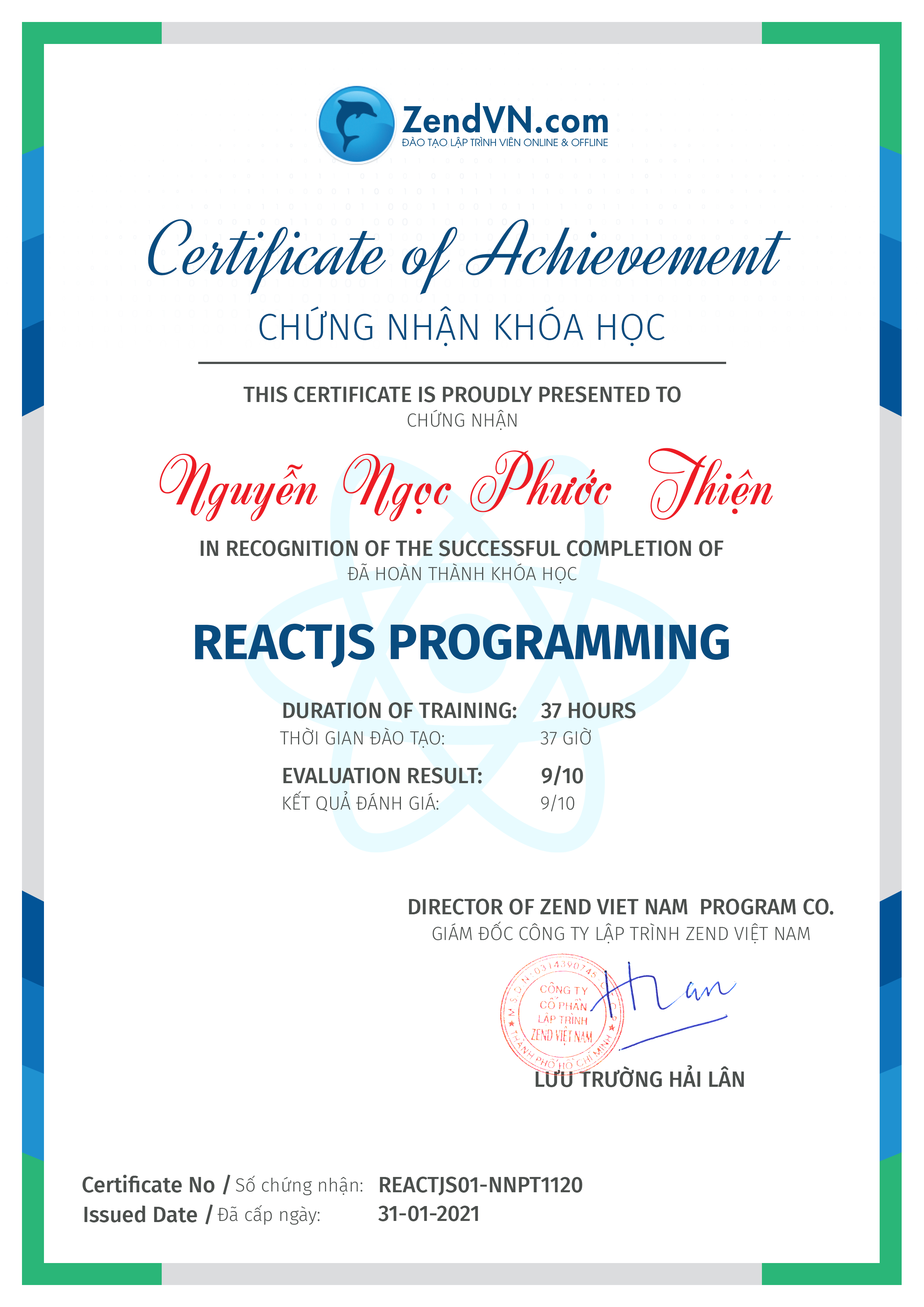 Certificate of Achievement in Completion of ReactJS Programming